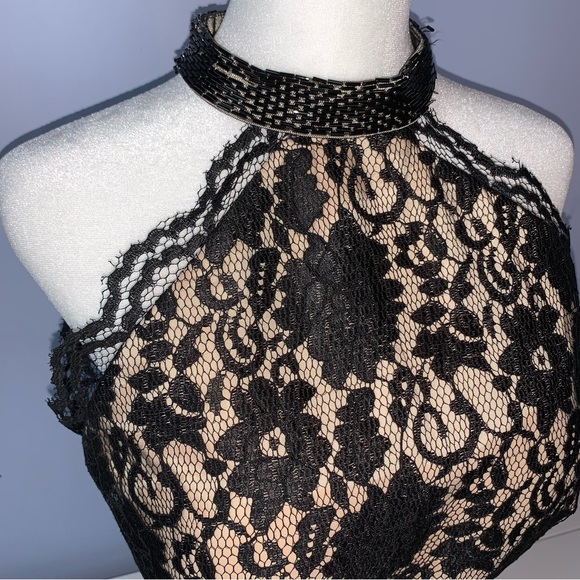 Lotus Threads Black Embellished Floral Lace High Halter Neck Formal Jumpsuit - Picture 6 of 16